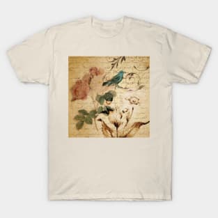 modern vintage rose bird paris french botanical floral art T-Shirt